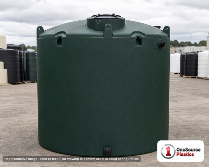 Snyder Industries 2500 Gallon Plastic Vertical Water Storage Tank in Green. 2500.0 gallon capacity; Polyethylene; Green; dimensions 106.0in H x 90.0in W x 90.0in L; 410.0 lb empty; 1.0 specific gravity rating; fittings: 2"; max temp 120 deg  F / 48 deg  C; 3 Year Warranty. Manufacturer part number wg61. Manufactured by Snyder. Sold by OneSource Plastics (https://www.onesourceplastics.com).
