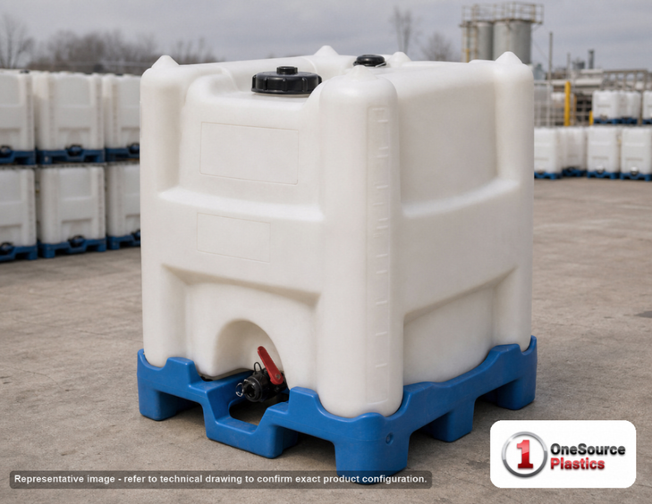 Snyder Industries 275 Gallon Plastic Stackable IBC Tote Tank Payloader System with EPDM Gaskets. 275.0 gallon capacity; Polyethylene; White; dimensions 53.0in H x 40.0in W x 48.0in L; 228.0 lb empty; 1.9 specific gravity rating; fittings: 2"; max temp 105 deg  F / 41 deg  C. Manufacturer part number 6998300b97204. Manufactured by Snyder. Sold by OneSource Plastics (https://www.onesourceplastics.com).