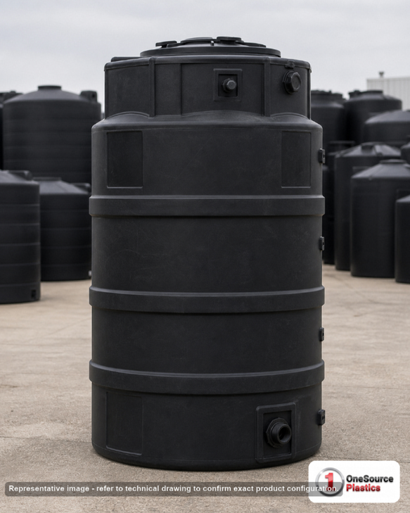 Snyder Industries 300 Gallon Plastic Vertical Water Storage Tank in Black. High Density Linear Polyethylene; Black; dimensions 72.0in H x 36.0in W x 36.0in L; 57.0 lb empty; 1.0 specific gravity rating. Manufacturer part number SII-32499. Sold by OneSource Plastics (https://www.onesourceplastics.com).