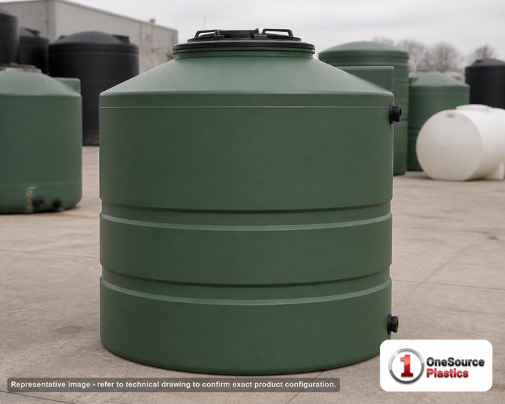 Snyder Industries 300 Gallon Plastic Vertical Water Storage Tank in Green. 300.0 gallon capacity; Polyethylene; Green; dimensions 50.0in H x 46.0in W x 46.0in L; 75.0 lb empty; 1.0 specific gravity rating; fittings: 2"; max temp 120 deg  F / 48 deg  C; 3 Year Warranty. Manufacturer part number wg23. Manufactured by Snyder. Sold by OneSource Plastics (https://www.onesourceplastics.com).