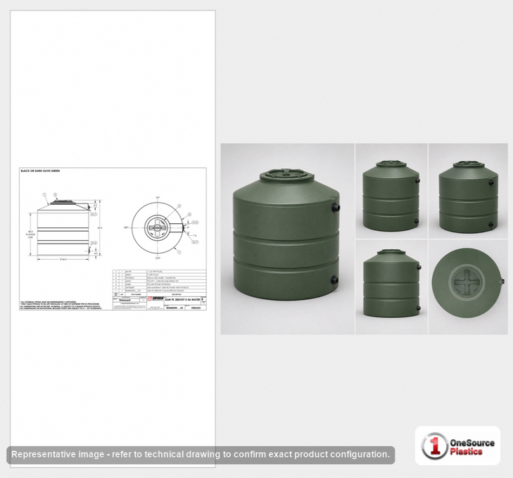 Dimensional spec drawing for Snyder Industries 300 Gallon Vertical Water Tank (46" L x 46" W x 50" H)