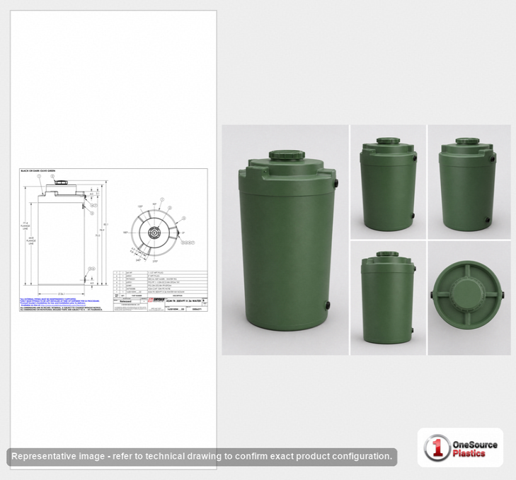 Dimensional spec drawing for Snyder Industries 300 Gallon Vertical Water Tank (36" L x 36" W x 82" H)