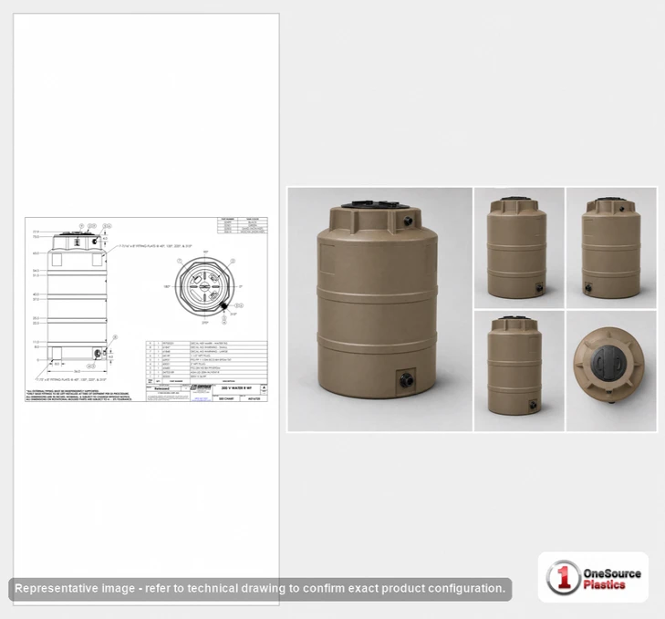 Dimensional spec drawing for Snyder Industries 300 Gallon Vertical Water Tank (36" L x 36" W x 72" H)