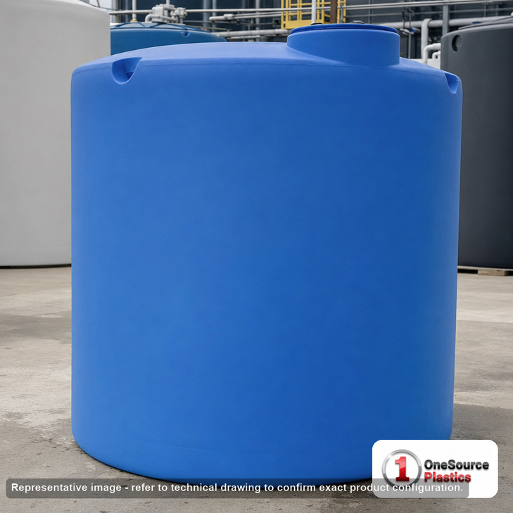 Norwesco 3000 Gallon 15 Degree HDPE Cone Bottom Tank in Blue. 3000 gallon capacity; High Density Linear Polyethylene; Blue; dimensions 120.0in H x 91.0in W x 91.0in L; 531.0 lb empty; 1.9 specific gravity rating; fittings: 3"; max temp 120 deg  F / 48 deg  C; 3 Year Warranty. Manufacturer part number 45242. Manufactured by Norwesco. Sold by OneSource Plastics (https://www.onesourceplastics.com).