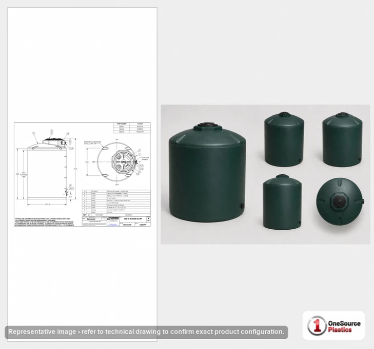 Dimensional spec drawing for Snyder Industries 500 Gallon Vertical Tank (48" L x 48" W x 73" H)