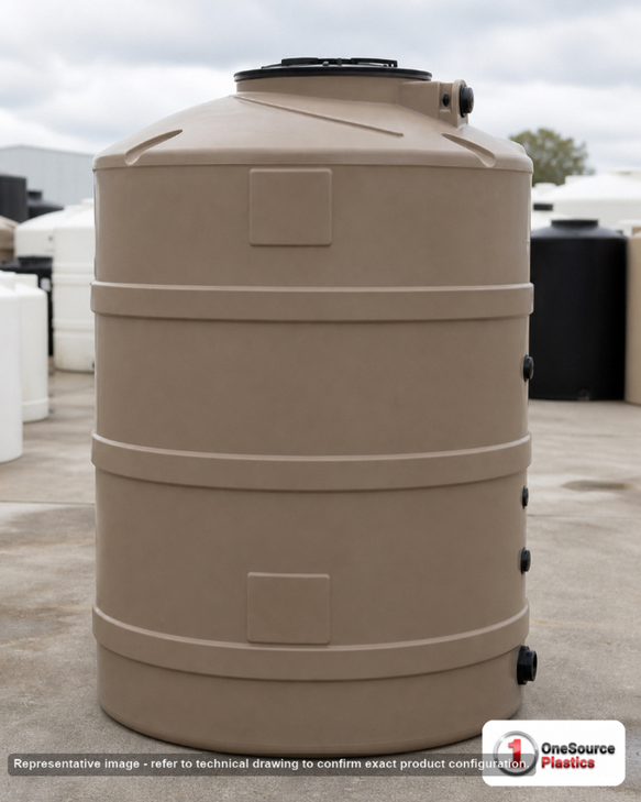 Snyder Industries 500 Gallon Plastic Vertical Water Storage Tank in Mocha. High Density Linear Polyethylene; Mocha; dimensions 76.0in H x 48.0in W x 48.0in L; 80.0 lb empty; 1.0 specific gravity rating. Manufacturer part number SII-32617. Sold by OneSource Plastics (https://www.onesourceplastics.com).