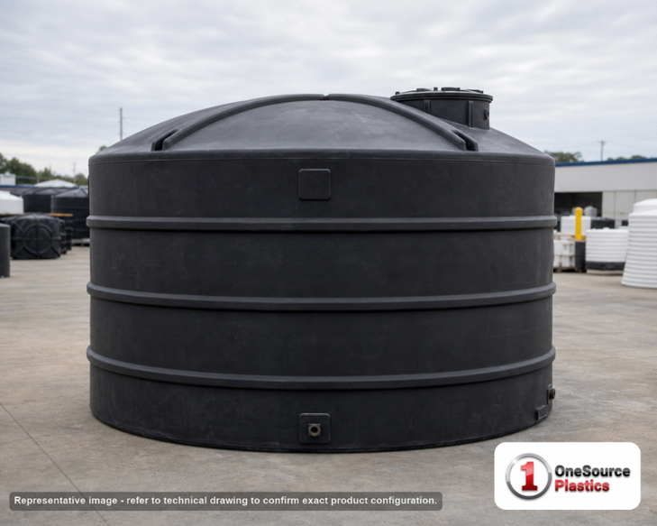 Snyder Industries 5000 Gallon Plastic Vertical Water Storage Tank in Black. High Density Linear Polyethylene; Black; dimensions 116.0in H x 119.0in W x 119.0in L; 805.0 lb empty; 1.0 specific gravity rating. Manufacturer part number SII-32368. Sold by OneSource Plastics (https://www.onesourceplastics.com).