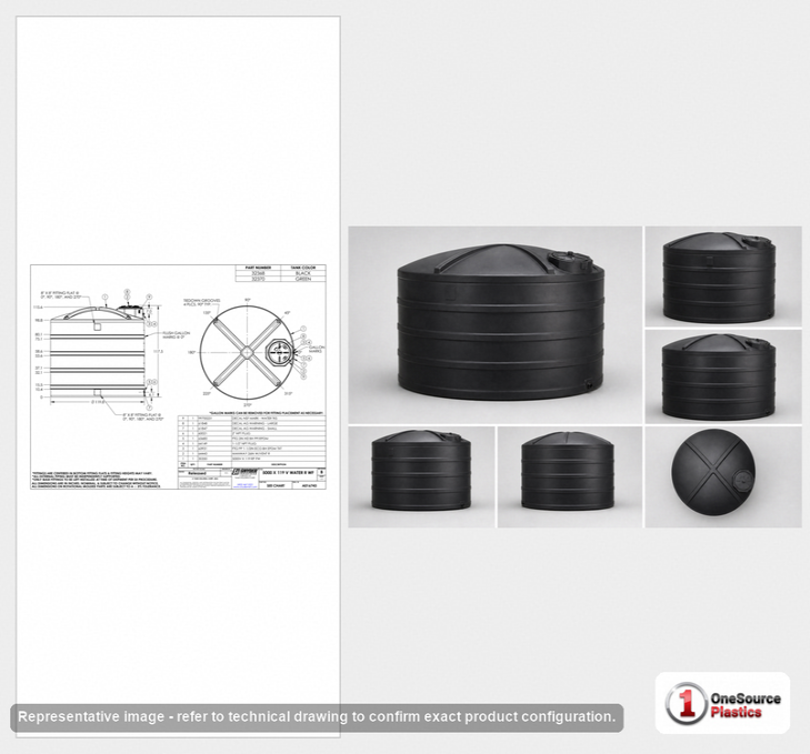 Dimensional spec drawing for Snyder Industries 5000 Gallon Vertical Water Tank (119" L x 119" W x 116" H)