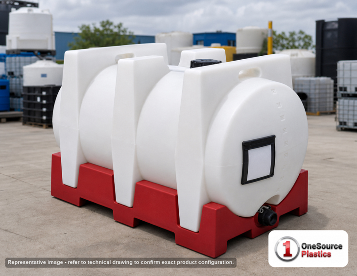 Snyder Industries 550 Gallon Plastic Stackable IBC Tote Tank Megatainer System without Inserts. Polyethylene; White; dimensions 60.0in H x 48.0in W x 81.0in L; 597.3 lb empty; 1.9 specific gravity rating. Manufacturer part number SII-6230001B97202. Sold by OneSource Plastics (https://www.onesourceplastics.com).