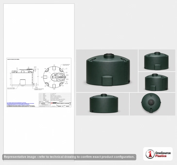 Dimensional spec drawing for Snyder Industries 550 Gallon Vertical Water Tank (64" L x 64" W x 48" H)