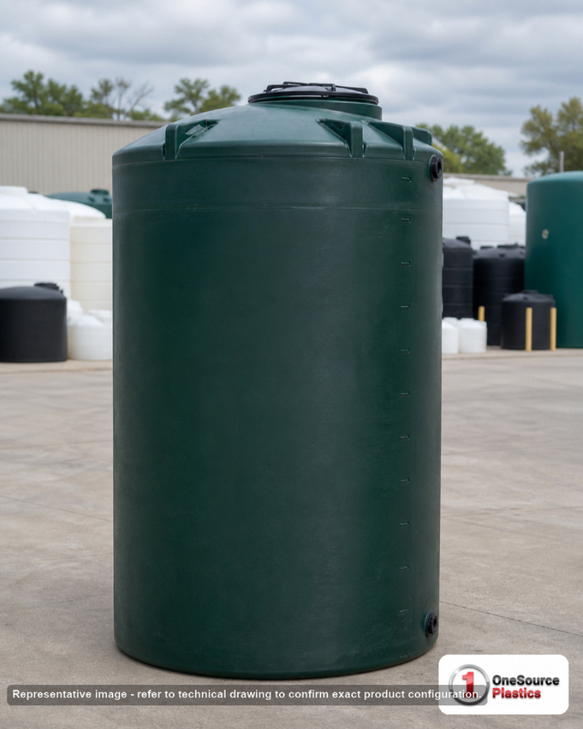 Snyder Industries 550 Gallon Plastic Vertical Water Storage Tank in Green. 550.0 gallon capacity; Polyethylene; Green; dimensions 77.0in H x 48.0in W x 48.0in L; 140.0 lb empty; 1.0 specific gravity rating; fittings: 2"; max temp 120 deg  F / 48 deg  C; 3 Year Warranty. Manufacturer part number wg34. Manufactured by Snyder. Sold by OneSource Plastics (https://www.onesourceplastics.com).