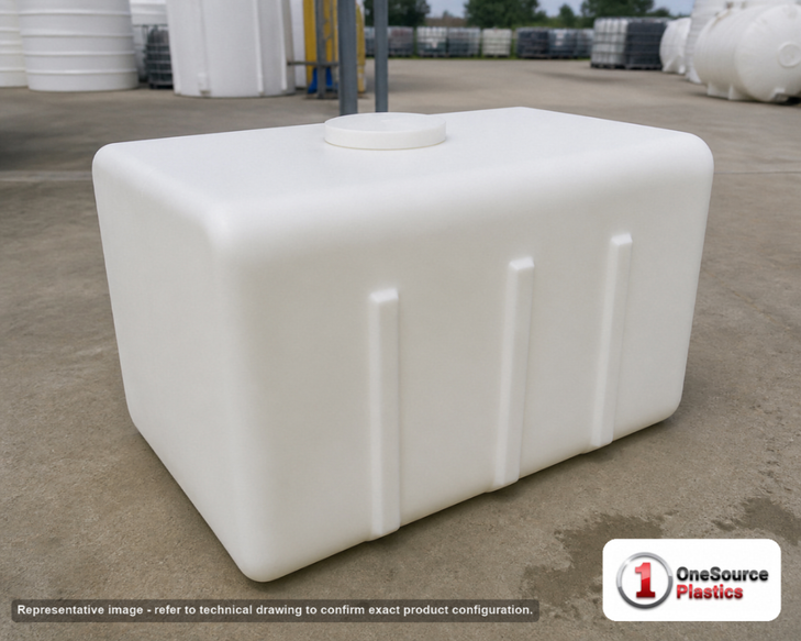 Norwesco 100 Gallon Flat Bottom Tank w/Slosh Guard White. Polyethylene; White; 27.75" H x 26.75" W x 42.5" L.
