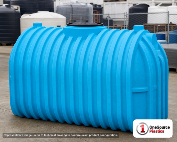 Norwesco 1000 Gallon Plastic Multi-Use Underground Liquid Storage Tank. Polyethylene; Blue; dimensions 63.0in H x 60.0in W x 102.0in L; 383.0 lb empty. Manufacturer part number N-41734. Sold by OneSource Plastics (https://www.onesourceplastics.com).
