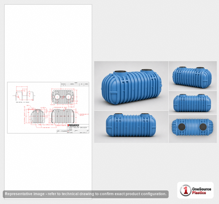 Dimensional spec drawing for Norwesco 1000 Gallon Two Compartment Tank (102" L x 60" W x 63" H)