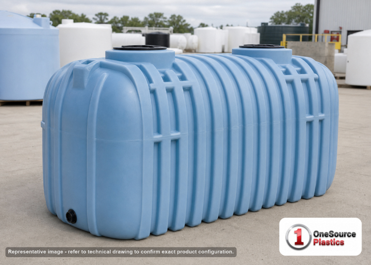 Norwesco 1000 Gallon Plastic Multi-Use Underground Liquid Storage Tank IAPMO Approved. Polyethylene; Blue; dimensions 63.0in H x 60.0in W x 102.0in L; 388.0 lb empty. Manufacturer part number N-41820. Sold by OneSource Plastics (https://www.onesourceplastics.com).