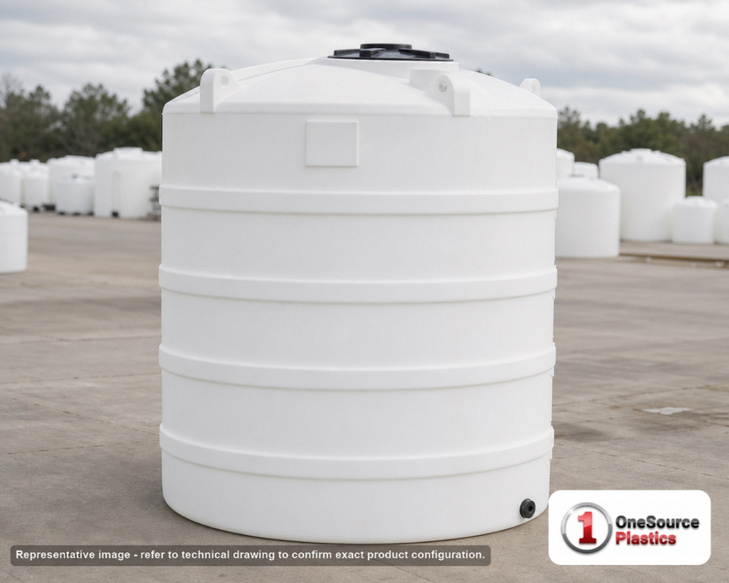 Snyder Industries 1000 Gallon Plastic Vertical Chemical Storage Tank in White. 1000.0 gallon capacity; Polyethylene; White; dimensions 89.0in H x 60.0in W x 60.0in L; 254.0 lb empty; 1.9 specific gravity rating; fittings: 2"; 3 Year Warranty. Manufacturer part number 32008. Manufactured by Snyder. Sold by OneSource Plastics (https://www.onesourceplastics.com).