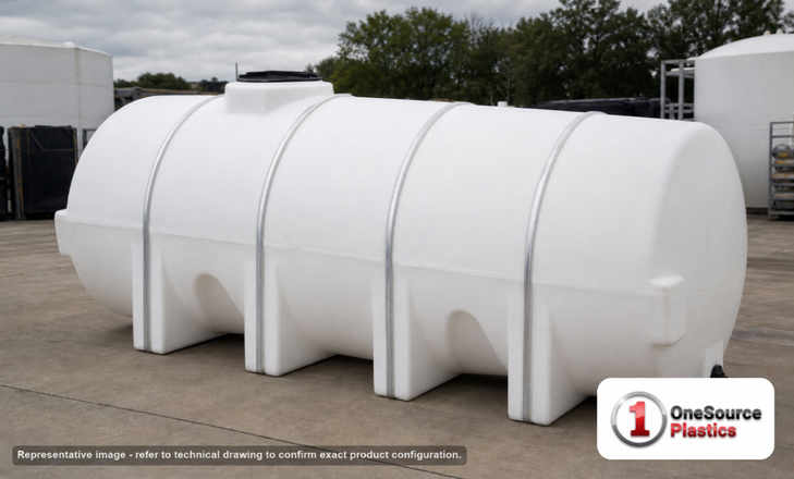 Norwesco 1010 Gallon Horizontal Leg Tank with Sump Bottom. Polyethylene; White; dimensions 58.0in H x 47.0in W x 140.0in L; 319.0 lb empty; 1.5 specific gravity rating. Manufacturer part number N-40393. Sold by OneSource Plastics (https://www.onesourceplastics.com).