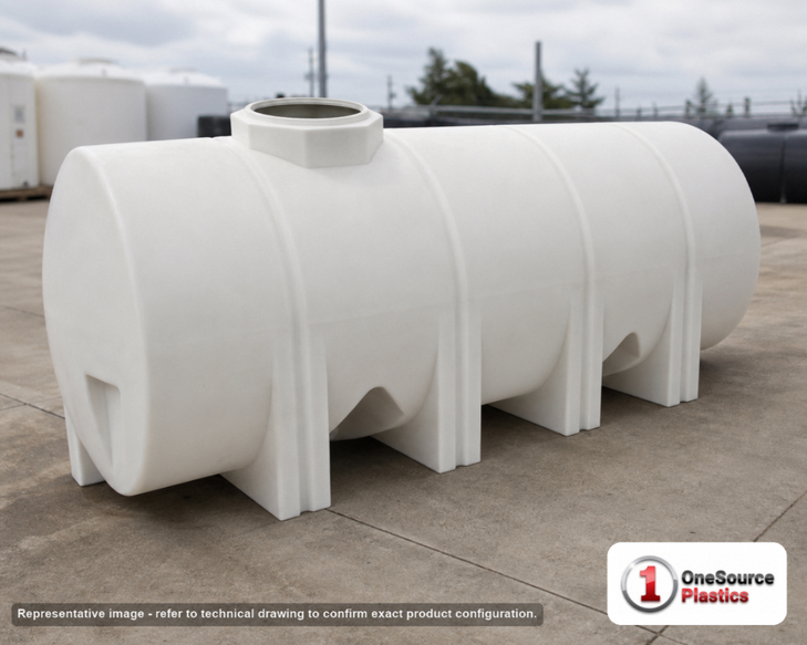 Snyder Industries 1025 Gallon Plastic Horizontal Leg Tank with Securing Hoops. Polyethylene; White; dimensions 50.0in H x 48.0in W x 139.0in L; 290.0 lb empty; 1.9 specific gravity rating. Manufacturer part number SII-1440000N45. Sold by OneSource Plastics (https://www.onesourceplastics.com).