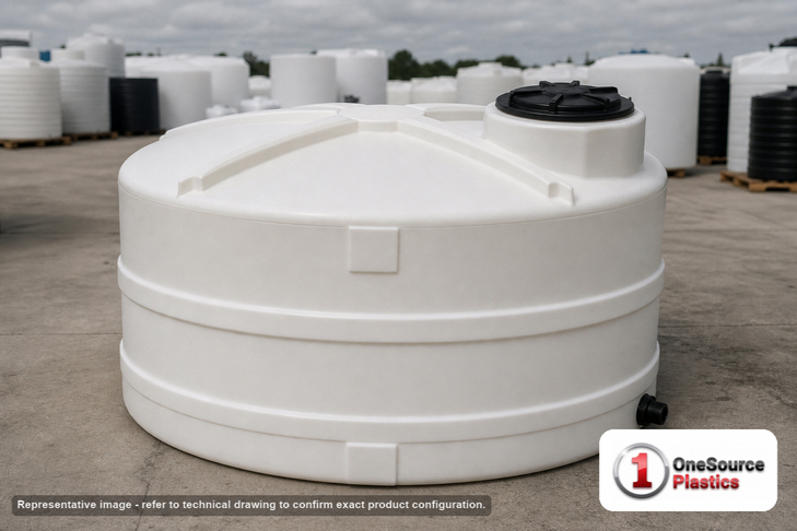 Snyder Industries 1200 Gallon Plastic Vertical Liquid Storage Tank in White. 1200.0 gallon capacity; Polyethylene; White; dimensions 57.0in H x 86.0in W x 86.0in L; 315.0 lb empty; 1.5 specific gravity rating; fittings: 2"; max temp 120 deg  F / 48 deg  C. Manufacturer part number 32064. Manufactured by Snyder. Sold by OneSource Plastics (https://www.onesourceplastics.com).