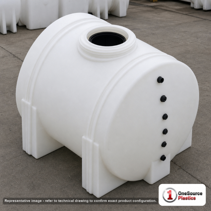 Snyder Industries 125 Gallon Plastic Horizontal Leg Tank. Polyethylene; White; 35" H x 32" W x 44" L.