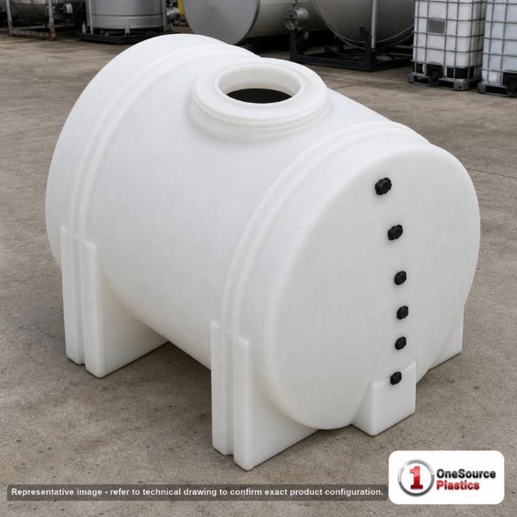 Snyder Industries 125 Gallon Plastic Horizontal Leg Tank. Polyethylene; White; 35" H x 30" W x 49" L.