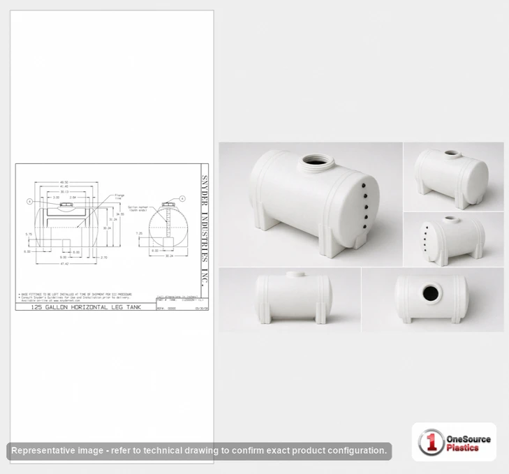 Dimensional spec drawing for Snyder Industries 125 Gallon Horizontal Tank (49" L x 30" W x 35" H)