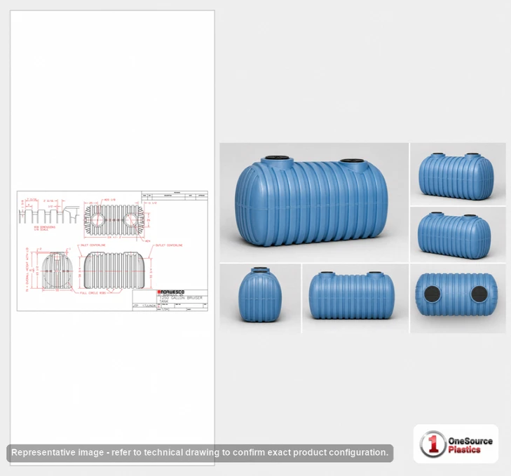 Dimensional spec drawing for Norwesco 1250 Gallon Bruiser Tank (116" L x 55" W x 70" H)