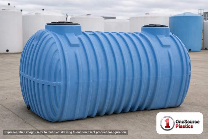 Norwesco 1250 Gallon Plastic Multi-Use Underground Liquid Storage Tank. Polyethylene; Blue; dimensions 70.0in H x 55.0in W x 116.0in L; 467.0 lb empty. Manufacturer part number N-41753. Sold by OneSource Plastics (https://www.onesourceplastics.com).