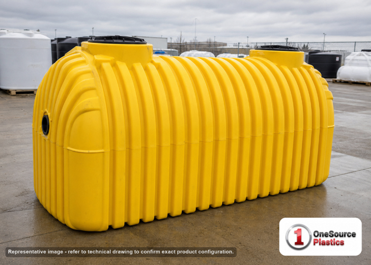 Norwesco 1250 Gallon Plastic Two Compartment Septic Tank - IAPMO Certified. Polyethylene; Yellow; dimensions 70.0in H x 55.0in W x 116.0in L; 387.0 lb empty. Manufacturer part number N-41746. Sold by OneSource Plastics (https://www.onesourceplastics.com).