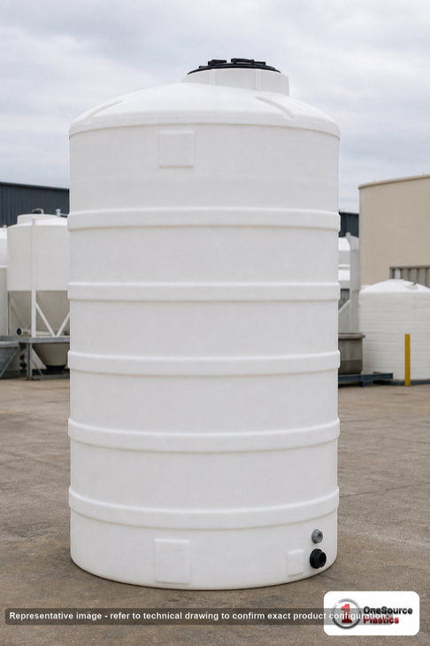 Snyder Industries 1300 Gallon Plastic Vertical Liquid Storage Tank in White. 1300.0 gallon capacity; High Density Linear Polyethylene; White; dimensions 114.0in H x 60.0in W x 60.0in L; 224.0 lb empty; 1.5 specific gravity rating; fittings: 2; 3 Year Warranty. Manufacturer part number 32086. Manufactured by Snyder. Sold by OneSource Plastics (https://www.onesourceplastics.com).