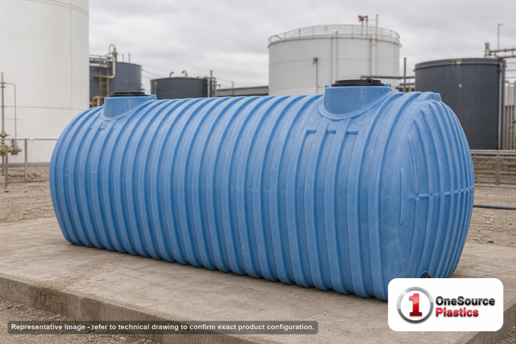 Norwesco 1500 Gallon Plastic Multi-Use Underground Liquid Storage Tank. Polyethylene; Blue; dimensions 70.0in H x 55.0in W x 135.0in L; 587.0 lb empty. Manufacturer part number N-41822. Sold by OneSource Plastics (https://www.onesourceplastics.com).