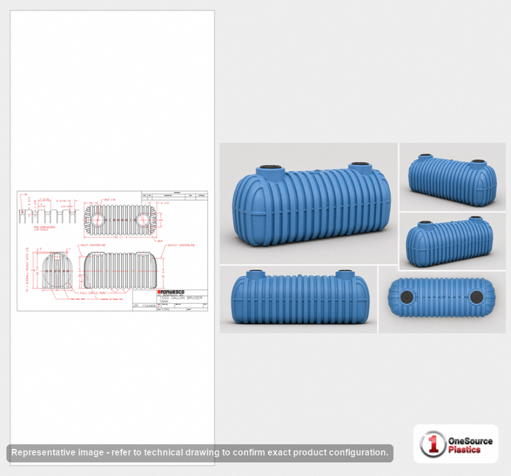 Dimensional spec drawing for Norwesco 1500 Gallon Bruiser Tank (135" L x 55" W x 70" H)