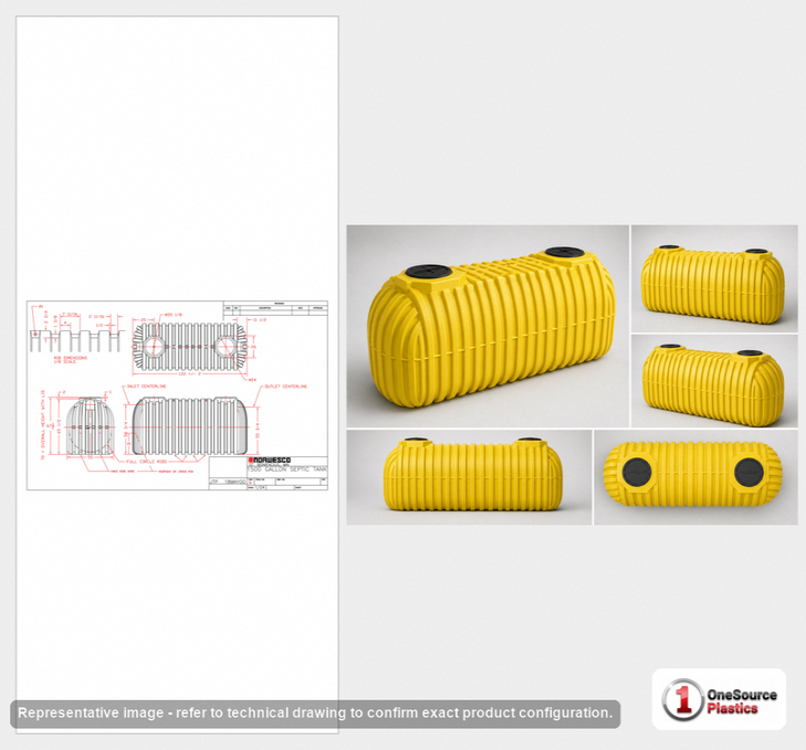 Dimensional spec drawing for Norwesco 1500 Gallon Septic Tank (135" L x 55" W x 63" H)