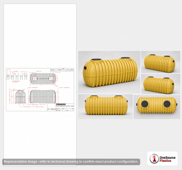 Dimensional spec drawing for Norwesco 1500 Gallon Septic Tank (135" L x 55" W x 70" H)