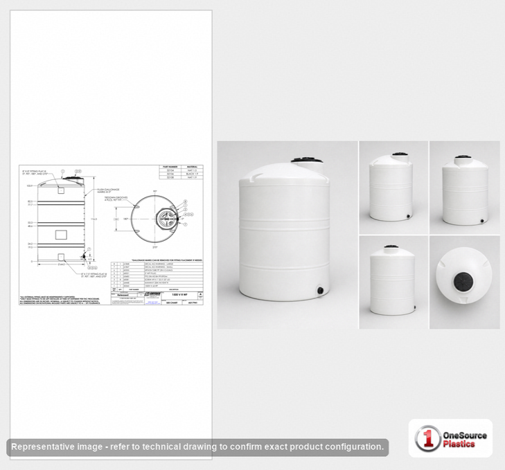 Dimensional spec drawing for Snyder Industries 1500 Gallon Vertical Storage Tank (65" L x 65" W x 114" H)