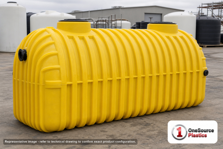 Norwesco 1500 Gallon Two Compartment Septic Tank with Two Manholes - Approved in Canada - IAPMO Certified. Polyethylene; Yellow; dimensions 70.0in H x 55.0in W x 135.0in L; 587.0 lb empty. Manufacturer part number N-41764. Sold by OneSource Plastics (https://www.onesourceplastics.com).