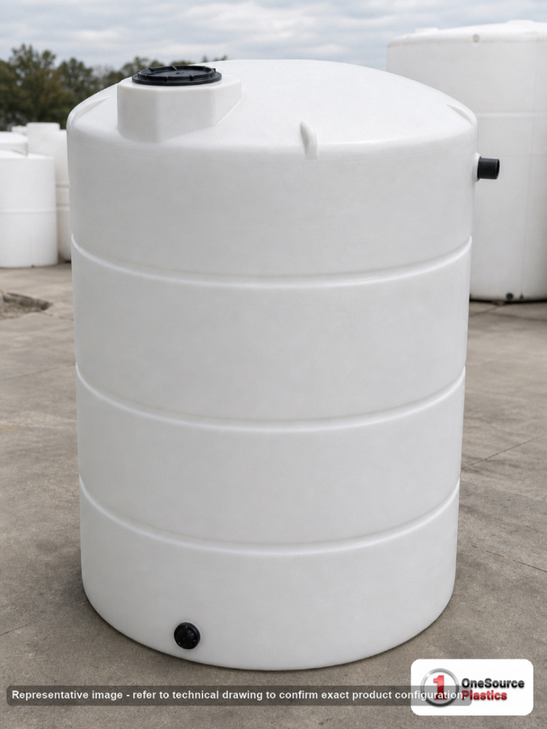 Norwesco 1500 Gallon Vertical Liquid Storage Tank in White. High Density Linear Polyethylene; White; dimensions 116.0in H x 64.0in W x 64.0in L; 340.0 lb empty; 1.9 specific gravity rating. Manufacturer part number N-42080. Sold by OneSource Plastics (https://www.onesourceplastics.com).