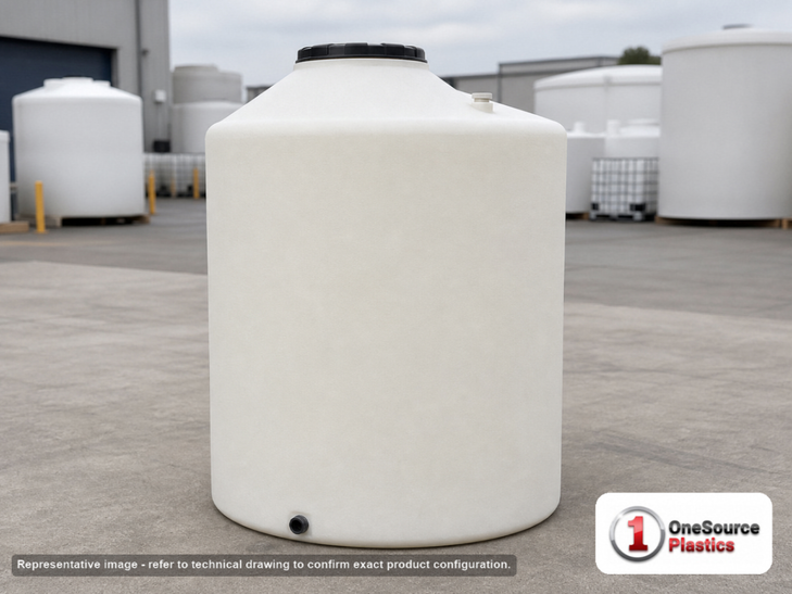 Chem-Tainer 165 Gallon HDPE Vertical Liquid Storage Tank. 165.0 gallon capacity; Polyethylene; Natural White; dimensions 58.0in H x 31.0in W x 31.0in L; 60.0 lb empty; 1.9 specific gravity rating; fittings: 1.5"; max temp 120 deg  F / 48 deg  C; 3 Year Warranty. Manufacturer part number TC3158IA. Sold by OneSource Plastics (https://www.onesourceplastics.com).