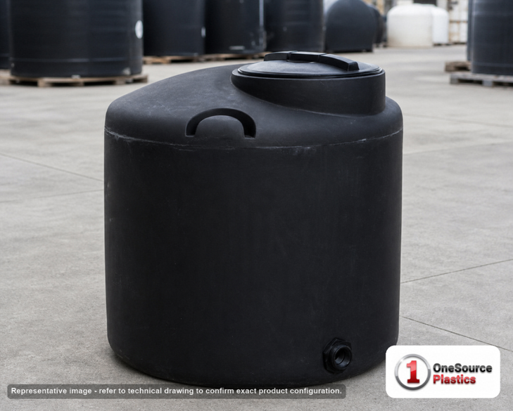 Bushman 165 Gallon Water Storage Tank Black. 165 gallon capacity; Polyethylene; Black; 38" H x 38" W x 38" L; fittings: 1"