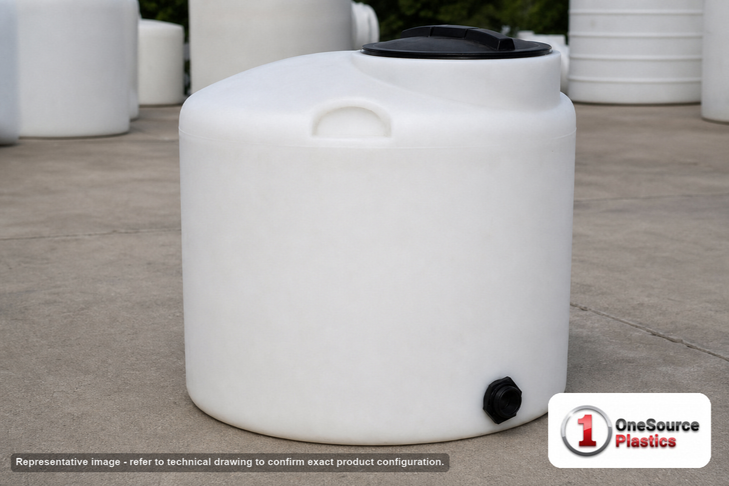 Bushman 165 Gallon Water Storage Tank Natural. 165 gallon capacity; Polyethylene; White; dimensions 38.0in H x 38.0in W x 38.0in L; 50.0 lb empty; 1.0 specific gravity rating; fittings: 1"; max temp 120 deg  F / 48 deg  C; 3 Year Warranty. Manufacturer part number ww-165-gl-nat. Sold by OneSource Plastics (https://www.onesourceplastics.com).