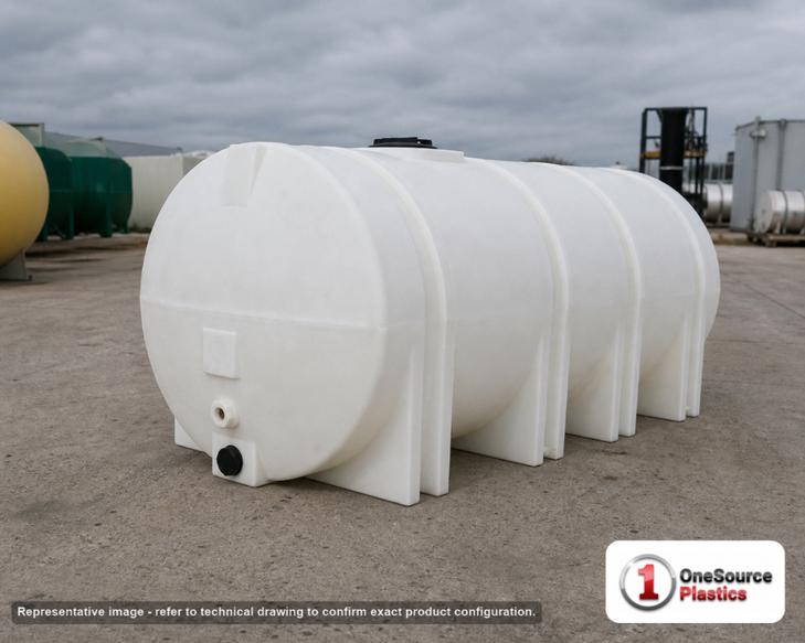 Snyder Industries 1685 Gallon Plastic Horizontal Leg Tank with Securing Hoops. Polyethylene; White; dimensions 62.0in H x 48.0in W x 159.0in L; 480.0 lb empty; 1.9 specific gravity rating. Manufacturer part number SII-1460000C26. Sold by OneSource Plastics (https://www.onesourceplastics.com).