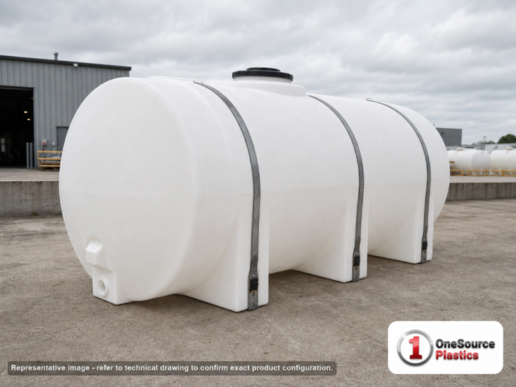 Snyder Industries 1685 Gallon Plastic Horizontal Leg Tank with Securing Hoops. Polyethylene; White; dimensions 62.0in H x 62.0in W x 159.0in L; 480.0 lb empty; 1.9 specific gravity rating. Manufacturer part number SII-1460000N45. Sold by OneSource Plastics (https://www.onesourceplastics.com).