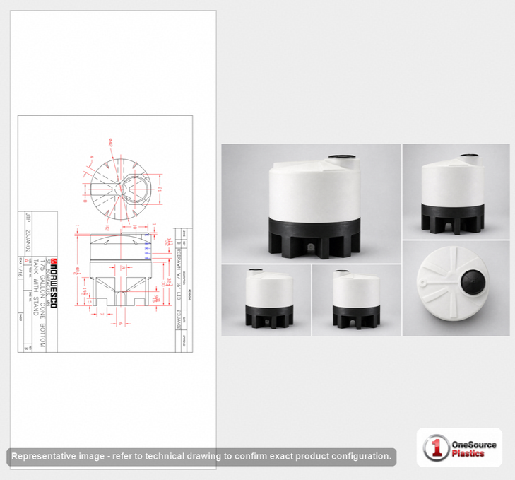 Dimensional spec drawing for Norwesco 175 Gallon Cone Bottom Tanks - Closed Top (42" L x 42" W x 40" H)
