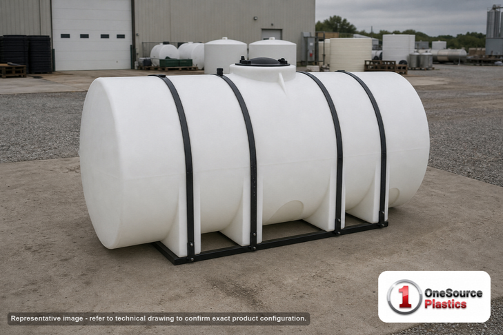 Snyder Industries 2000 Gallon Plastic Horizontal Leg Tank with Securing Hoops. Polyethylene; White; dimensions 55.0in H x 84.0in W x 142.0in L; 700.0 lb empty; 1.5 specific gravity rating. Manufacturer part number SII-1002300C37. Sold by OneSource Plastics (https://www.onesourceplastics.com).
