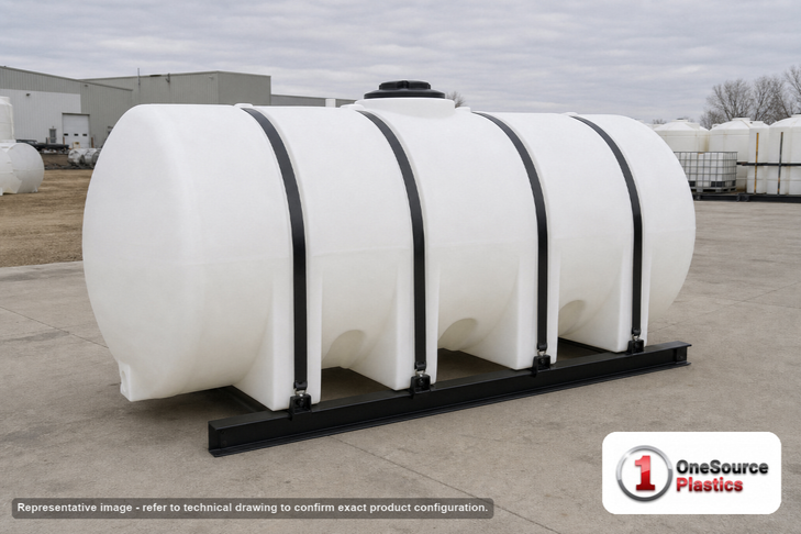 Snyder Industries 2000 Gallon Plastic Horizontal Leg Tank with Securing Hoops. Polyethylene; White; dimensions 55.0in H x 84.0in W x 142.0in L; 700.0 lb empty; 1.9 specific gravity rating. Manufacturer part number SII-1002300N45. Sold by OneSource Plastics (https://www.onesourceplastics.com).