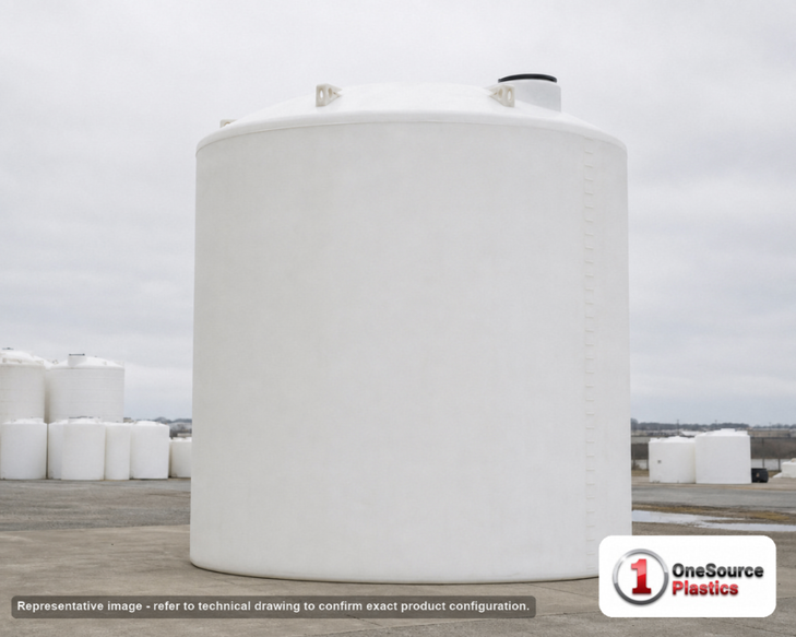 Snyder Industries 20000 Gallon HDPE Vertical Liquid Storage Tank. High Density Linear Polyethylene; White; dimensions 242.0in H x 165.0in W x 165.0in L; 5500.0 lb empty; 1.9 specific gravity rating. Manufacturer part number SII-3030000C26. Sold by OneSource Plastics (https://www.onesourceplastics.com).