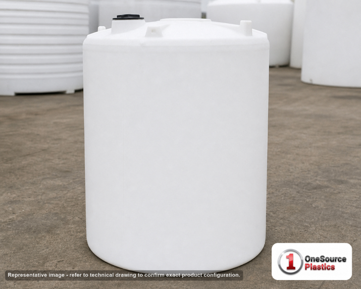 Snyder Industries 210 Gallon Commercial Vertical Liquid Storage Tank. High Density Linear Polyethylene; White; dimensions 55.0in H x 36.0in W x 36.0in L; 65.0 lb empty; 1.9 specific gravity rating. Manufacturer part number SII-1012900C26. Sold by OneSource Plastics (https://www.onesourceplastics.com).