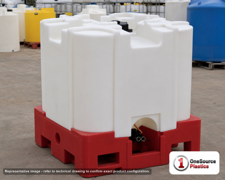Snyder Industries 220 Gallon HDPE Stackable IBC Tote Tank. 220.0 gallon capacity; High Density Linear Polyethylene; White; dimensions 48.5in H x 45.0in W x 45.0in L; 211.0 lb empty; 1.9 specific gravity rating; fittings: 2". Manufacturer part number 66345. Manufactured by Snyder. Sold by OneSource Plastics (https://www.onesourceplastics.com).