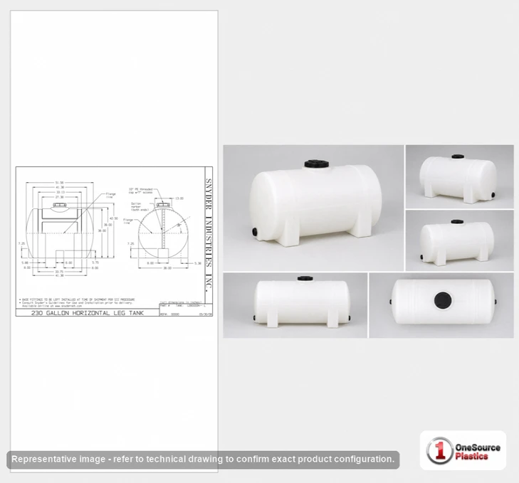 Dimensional spec drawing for Snyder Industries 230 Gallon Horizontal Tank (52" L x 38" W x 43" H)