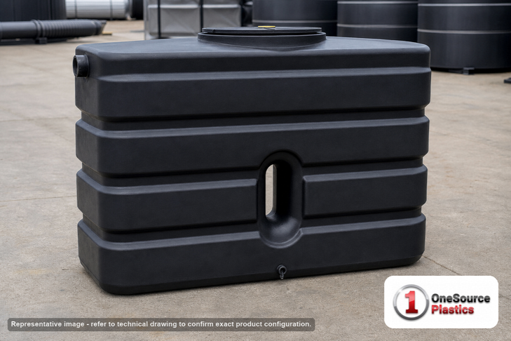 Norwesco 250 Gallon Doorway Liquid Storage Tank in Black. Polyethylene; Black; 44" H x 29" W x 62" L.